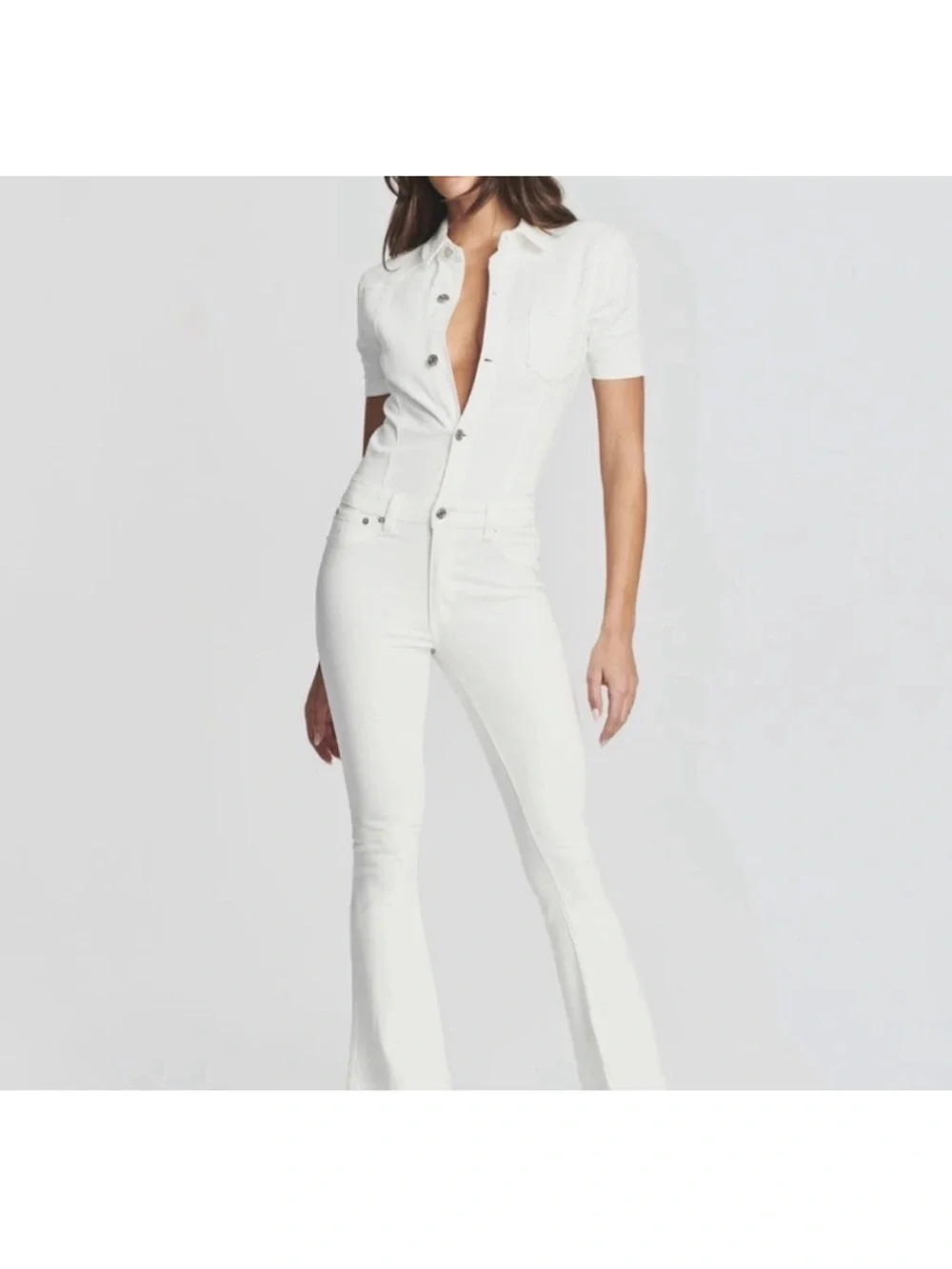 SER.O.YA Fallon White Denim Jumpsuit X Small Flare Frayed Slit Stretch $395. F